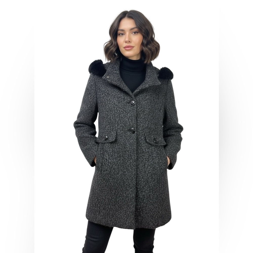 NOVELTI Boucle Wool Blend Trench Coat with Faux Fur Hood size 12